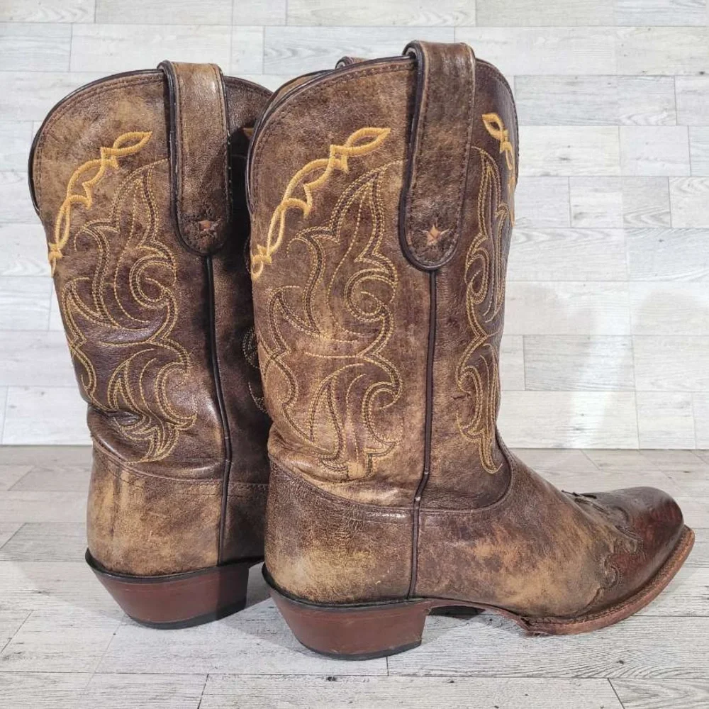 Tony Lama Brown Heeled Boots with Gold Embroidery - Picture 5 of 9